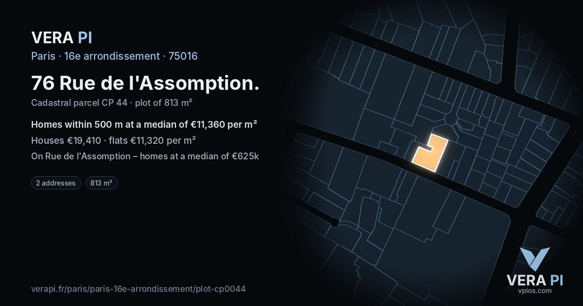 76 Rue de l'Assomption, 16e arrondissement at night – the plot lit, the parcels around coloured by the prices near them