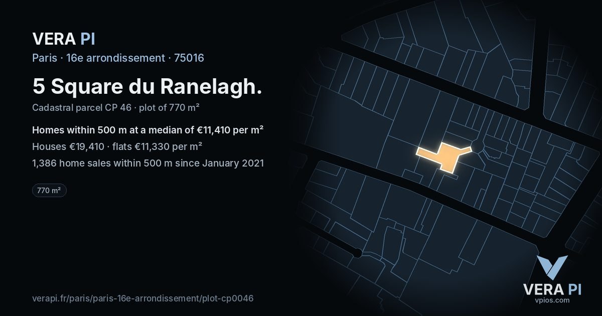 5 Square du Ranelagh, 16e arrondissement at night – the plot lit, the parcels around coloured by the prices near them