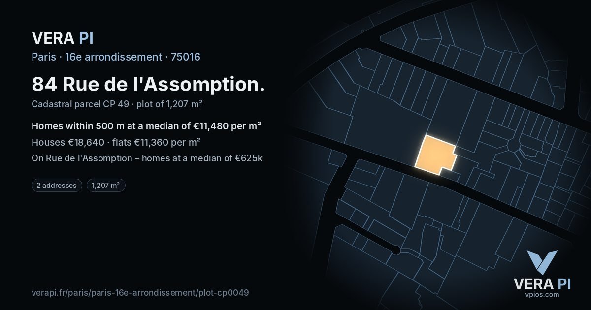 84 Rue de l'Assomption, 16e arrondissement at night – the plot lit, the parcels around coloured by the prices near them