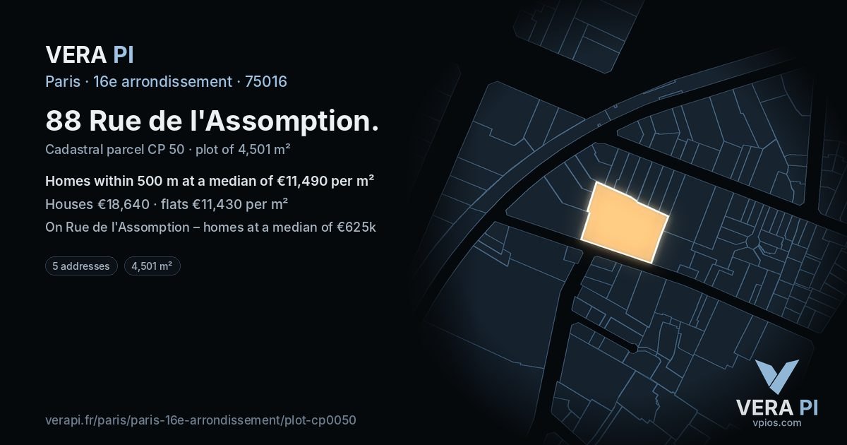 88 Rue de l'Assomption, 16e arrondissement at night – the plot lit, the parcels around coloured by the prices near them