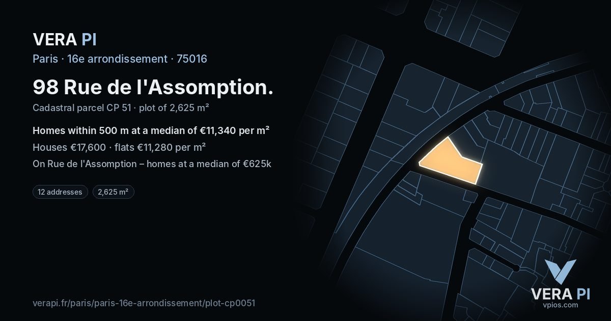 98 Rue de l'Assomption, 16e arrondissement at night – the plot lit, the parcels around coloured by the prices near them