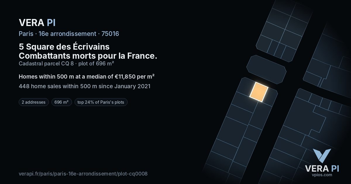 5 Square des Écrivains Combattants morts pour la France, 16e arrondissement at night – the plot lit, the parcels around coloured by the prices near them