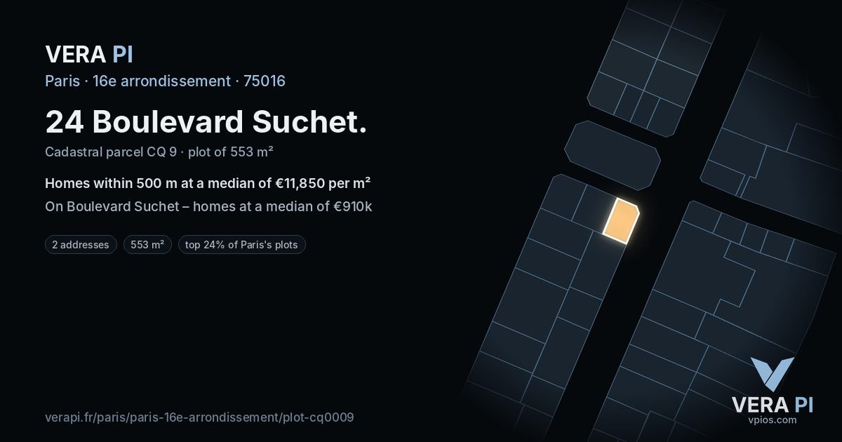 24 Boulevard Suchet, 16e arrondissement at night – the plot lit, the parcels around coloured by the prices near them