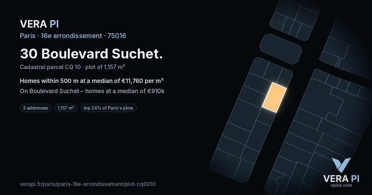 30 Boulevard Suchet, 16e arrondissement at night – the plot lit, the parcels around coloured by the prices near them