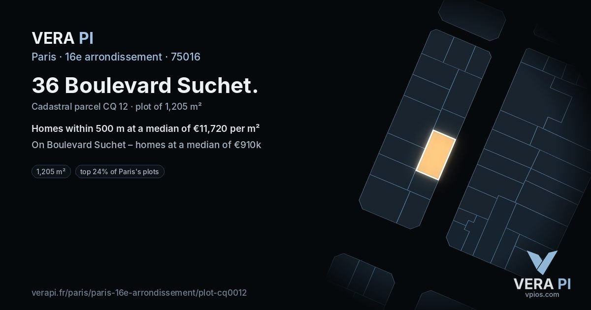 36 Boulevard Suchet, 16e arrondissement at night – the plot lit, the parcels around coloured by the prices near them