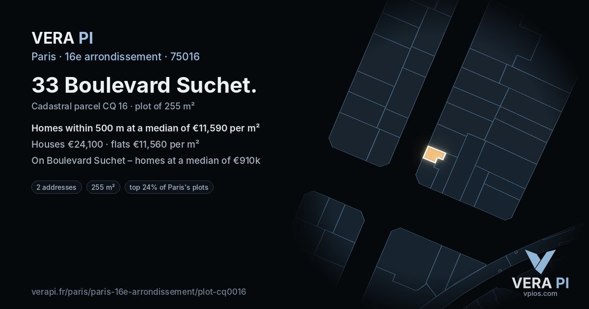33 Boulevard Suchet, 16e arrondissement at night – the plot lit, the parcels around coloured by the prices near them