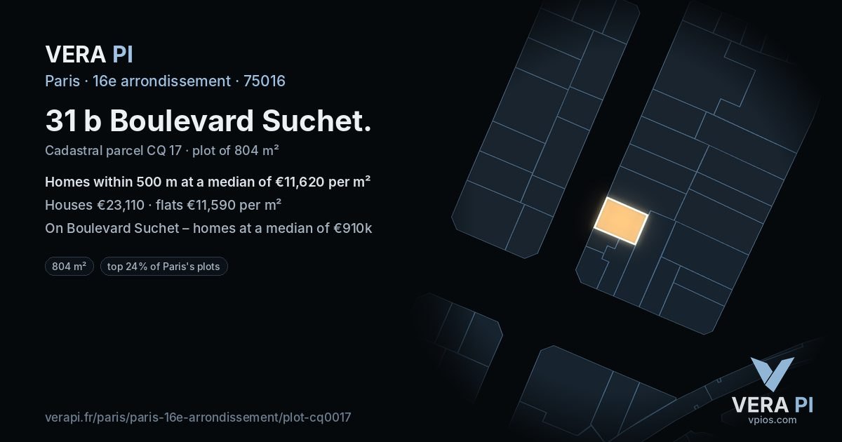 31 b Boulevard Suchet, 16e arrondissement at night – the plot lit, the parcels around coloured by the prices near them