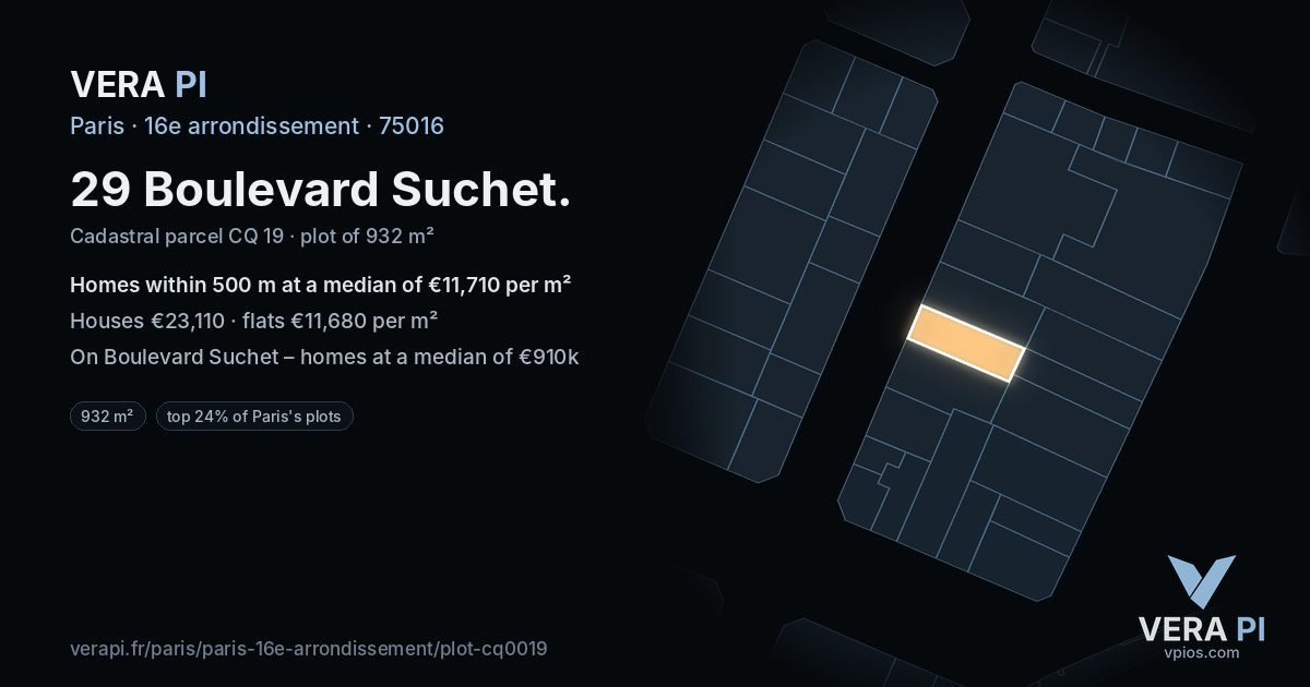 29 Boulevard Suchet, 16e arrondissement at night – the plot lit, the parcels around coloured by the prices near them
