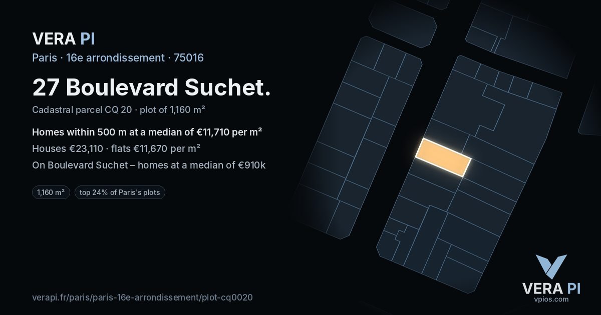 27 Boulevard Suchet, 16e arrondissement at night – the plot lit, the parcels around coloured by the prices near them