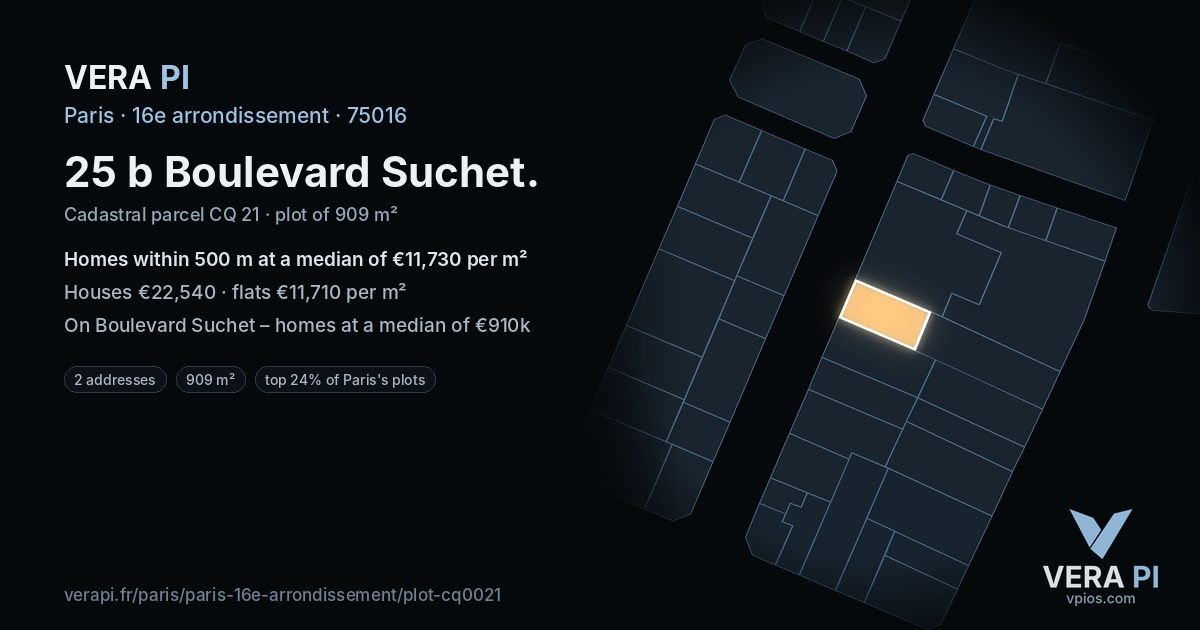 25 b Boulevard Suchet, 16e arrondissement at night – the plot lit, the parcels around coloured by the prices near them
