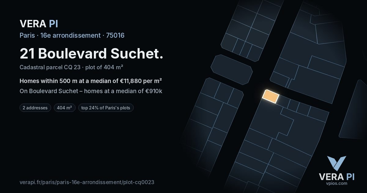 21 Boulevard Suchet, 16e arrondissement at night – the plot lit, the parcels around coloured by the prices near them