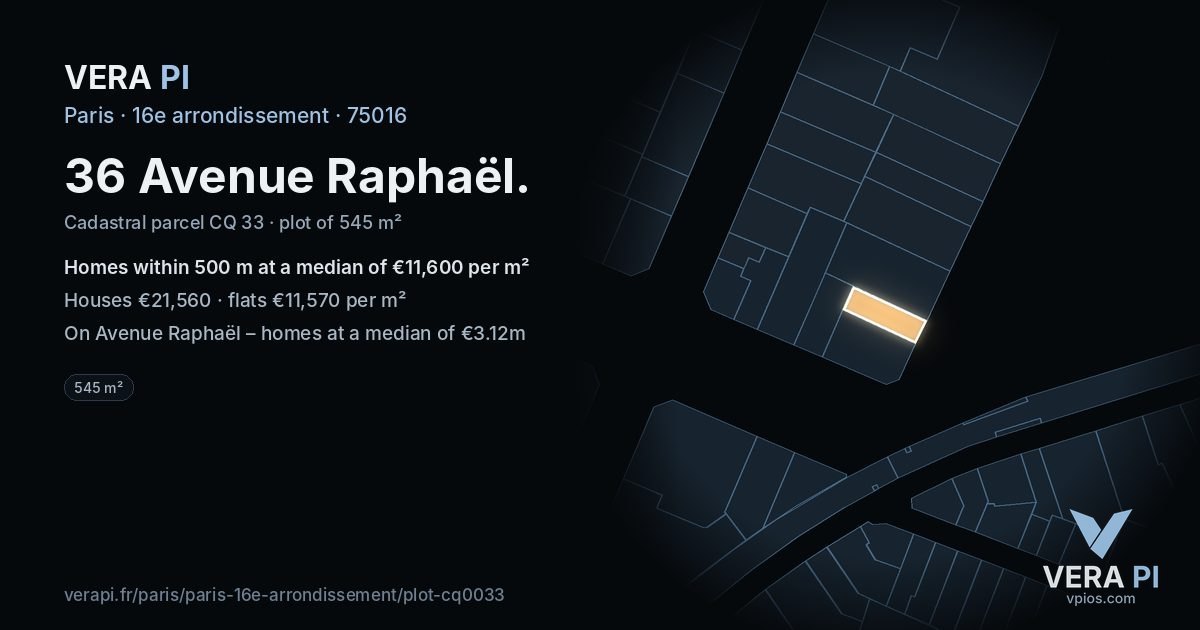 36 Avenue Raphaël, 16e arrondissement at night – the plot lit, the parcels around coloured by the prices near them