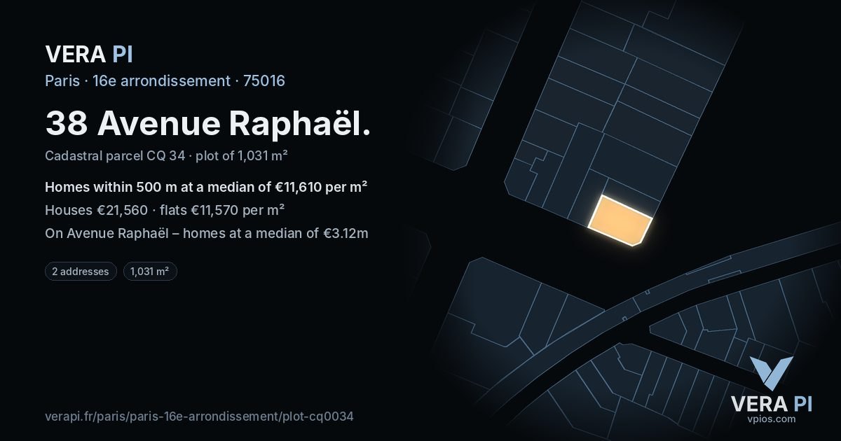 38 Avenue Raphaël, 16e arrondissement at night – the plot lit, the parcels around coloured by the prices near them