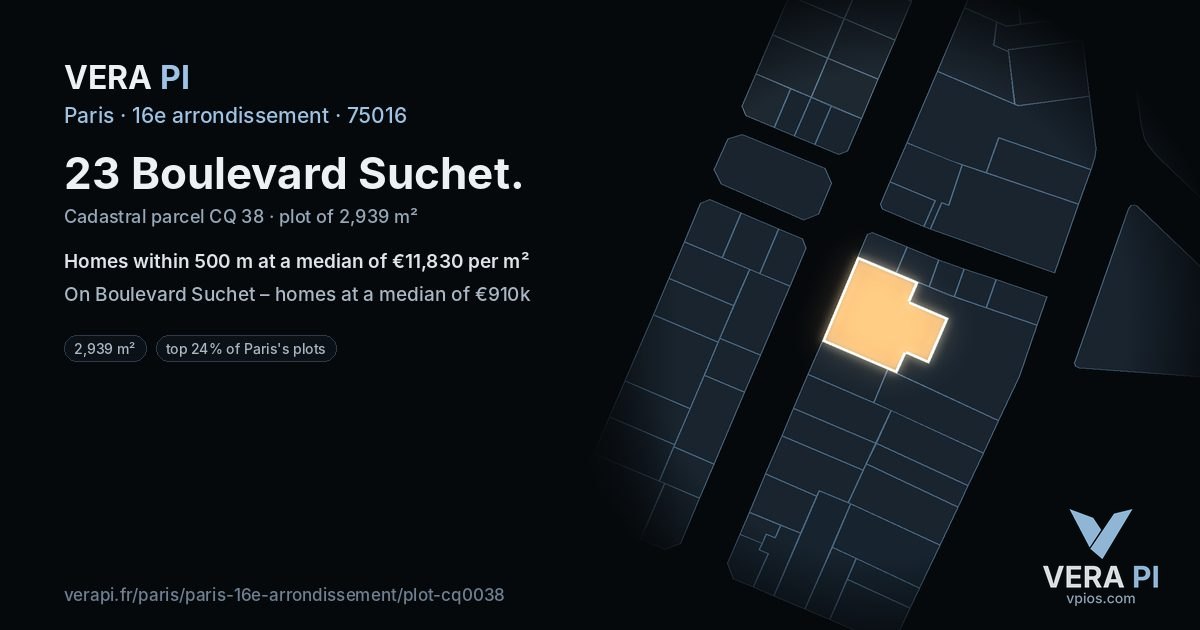 23 Boulevard Suchet, 16e arrondissement at night – the plot lit, the parcels around coloured by the prices near them