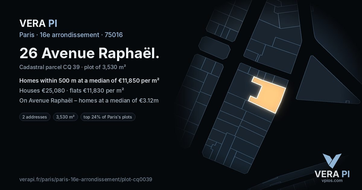 26 Avenue Raphaël, 16e arrondissement at night – the plot lit, the parcels around coloured by the prices near them