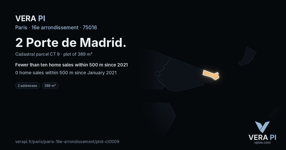 2 Porte de Madrid, 16e arrondissement at night – the plot lit, the parcels around coloured by the prices near them