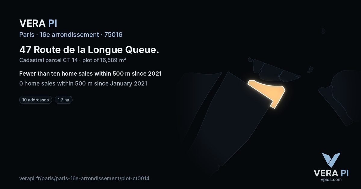 47 Route de la Longue Queue, 16e arrondissement at night – the plot lit, the parcels around coloured by the prices near them