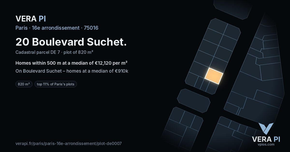 20 Boulevard Suchet, 16e arrondissement at night – the plot lit, the parcels around coloured by the prices near them