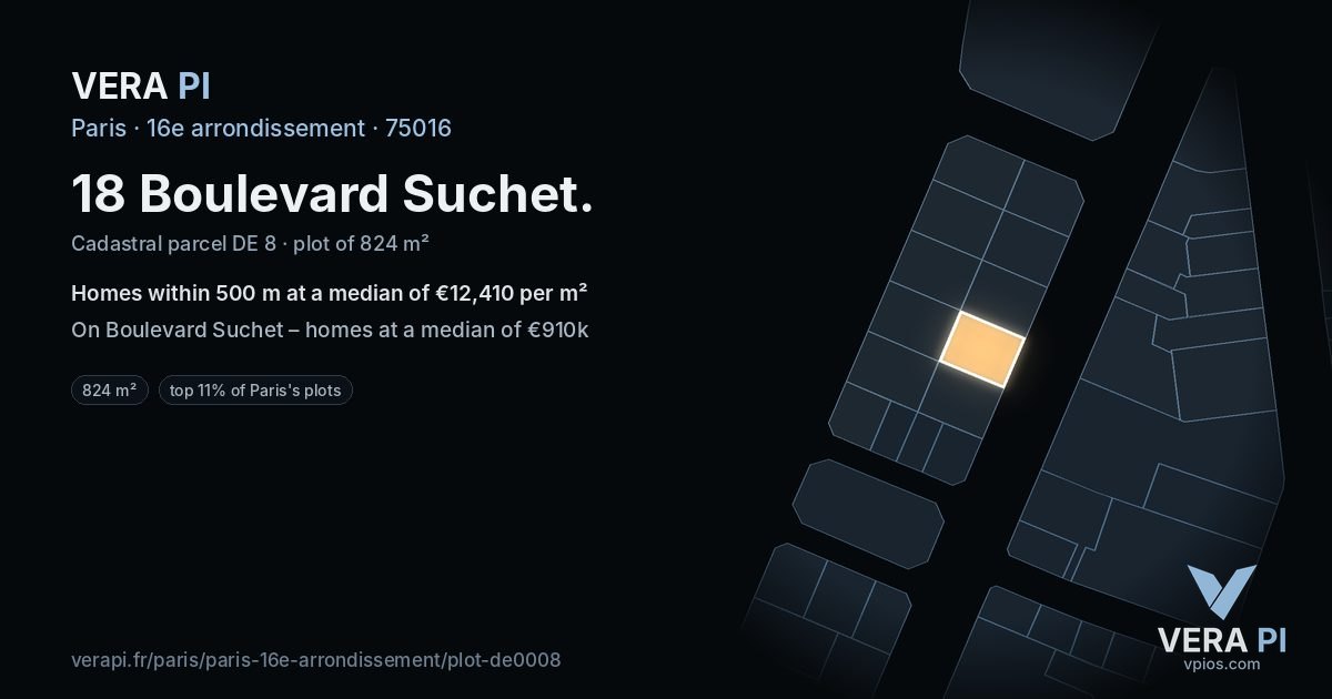 18 Boulevard Suchet, 16e arrondissement at night – the plot lit, the parcels around coloured by the prices near them