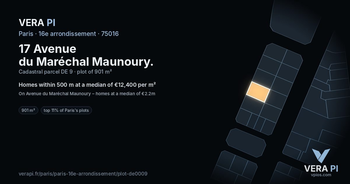 17 Avenue du Maréchal Maunoury, 16e arrondissement at night – the plot lit, the parcels around coloured by the prices near them