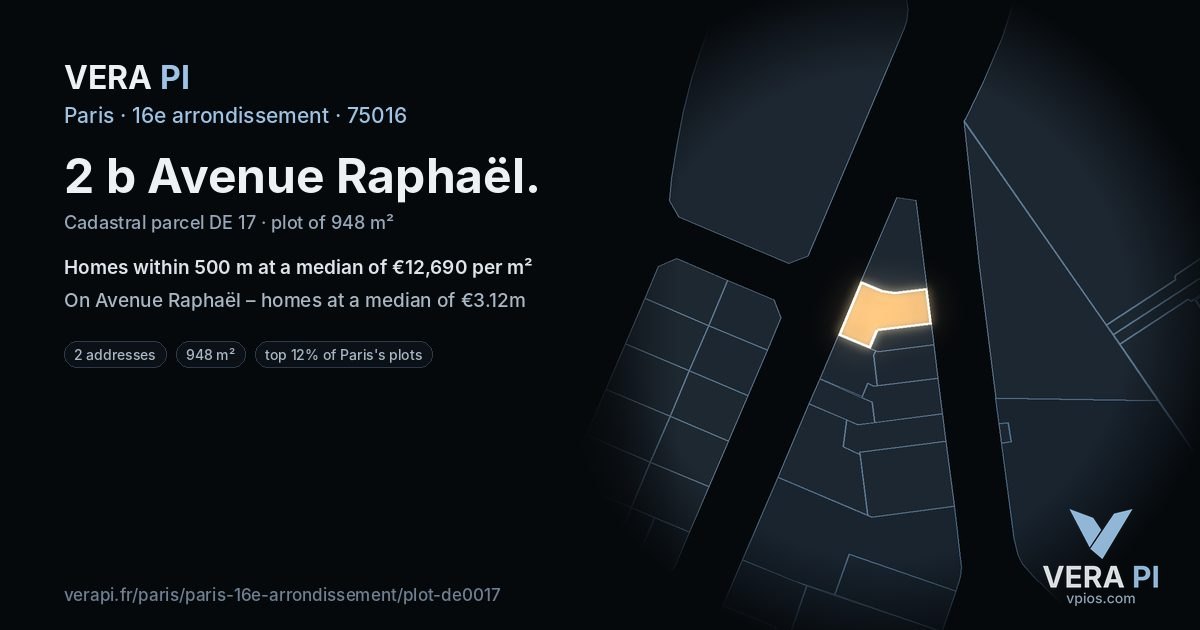 2 b Avenue Raphaël, 16e arrondissement at night – the plot lit, the parcels around coloured by the prices near them