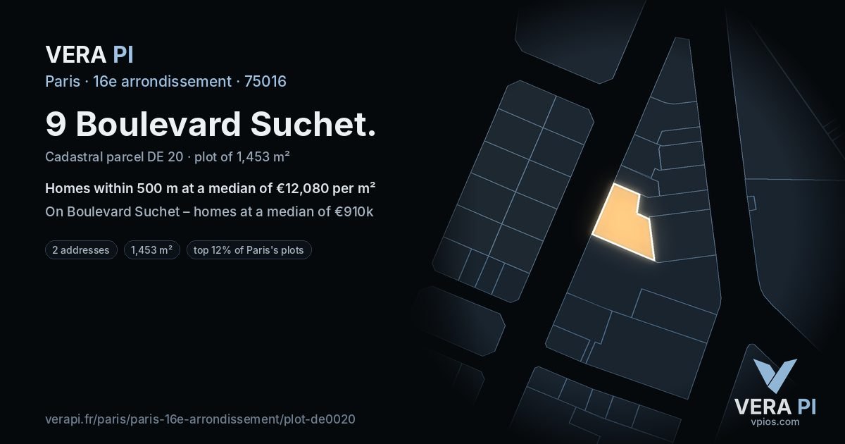 9 Boulevard Suchet, 16e arrondissement at night – the plot lit, the parcels around coloured by the prices near them