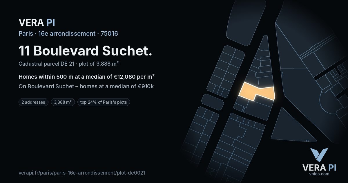 11 Boulevard Suchet, 16e arrondissement at night – the plot lit, the parcels around coloured by the prices near them