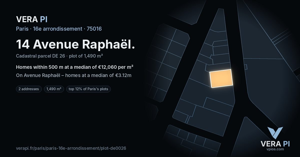 14 Avenue Raphaël, 16e arrondissement at night – the plot lit, the parcels around coloured by the prices near them