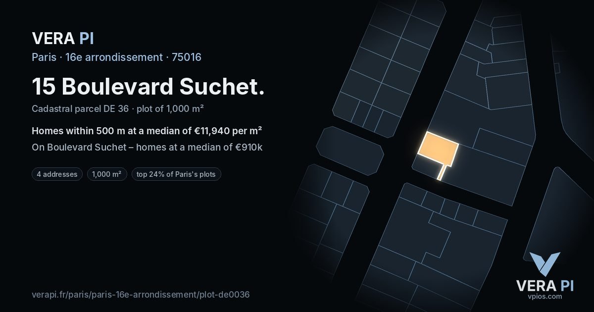 15 Boulevard Suchet, 16e arrondissement at night – the plot lit, the parcels around coloured by the prices near them