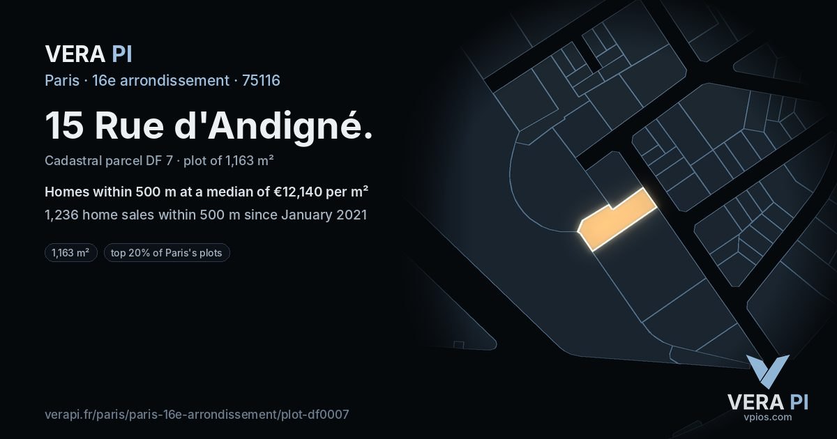 15 Rue d'Andigné, 16e arrondissement at night – the plot lit, the parcels around coloured by the prices near them