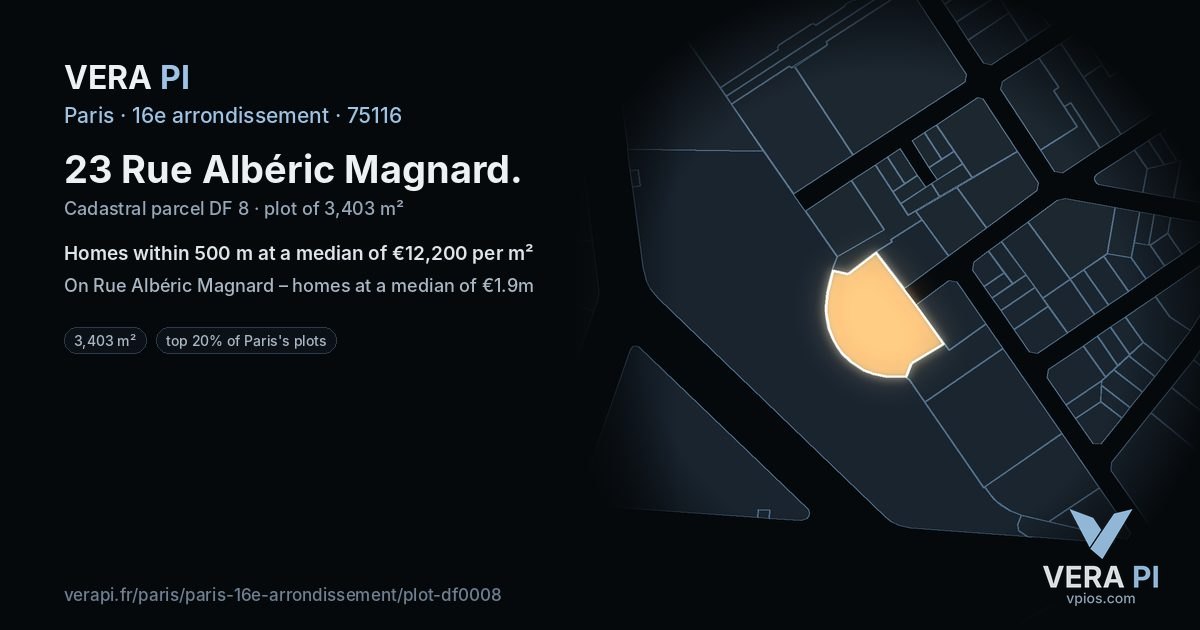 23 Rue Albéric Magnard, 16e arrondissement at night – the plot lit, the parcels around coloured by the prices near them