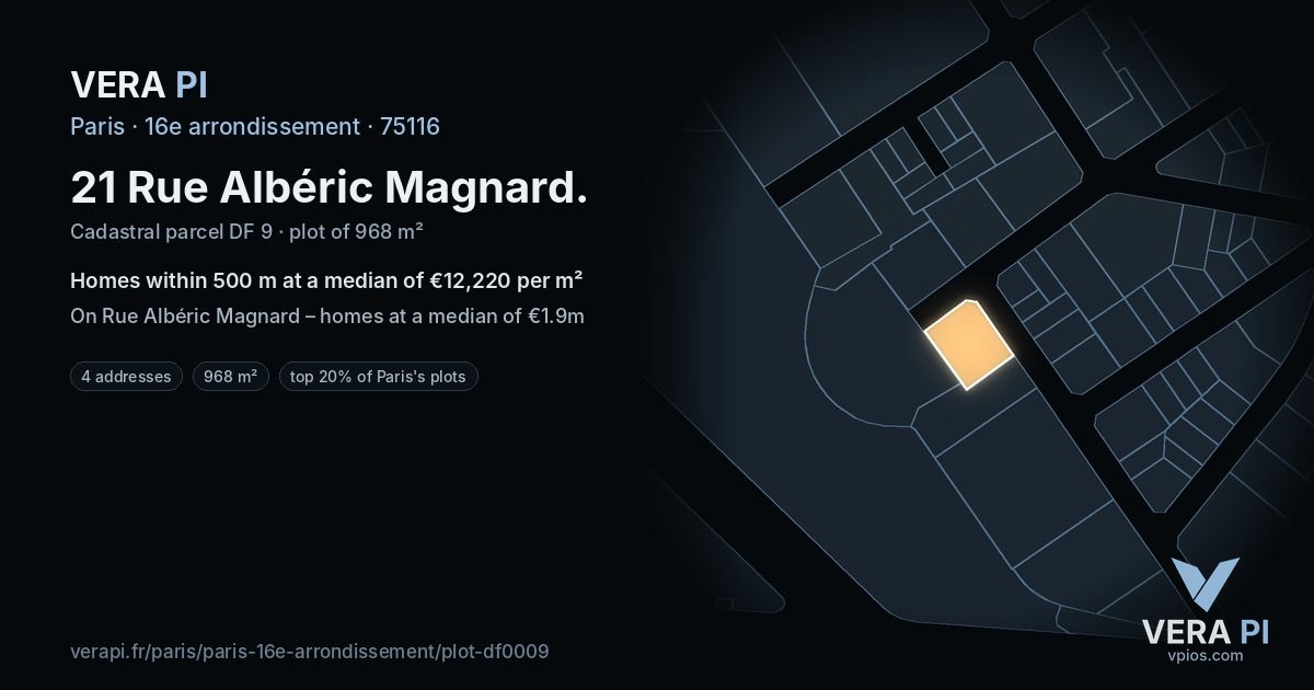 21 Rue Albéric Magnard, 16e arrondissement at night – the plot lit, the parcels around coloured by the prices near them