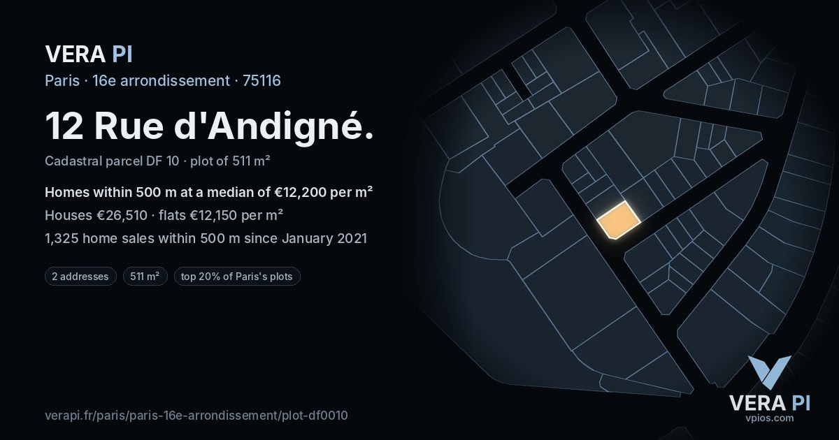 12 Rue d'Andigné, 16e arrondissement at night – the plot lit, the parcels around coloured by the prices near them