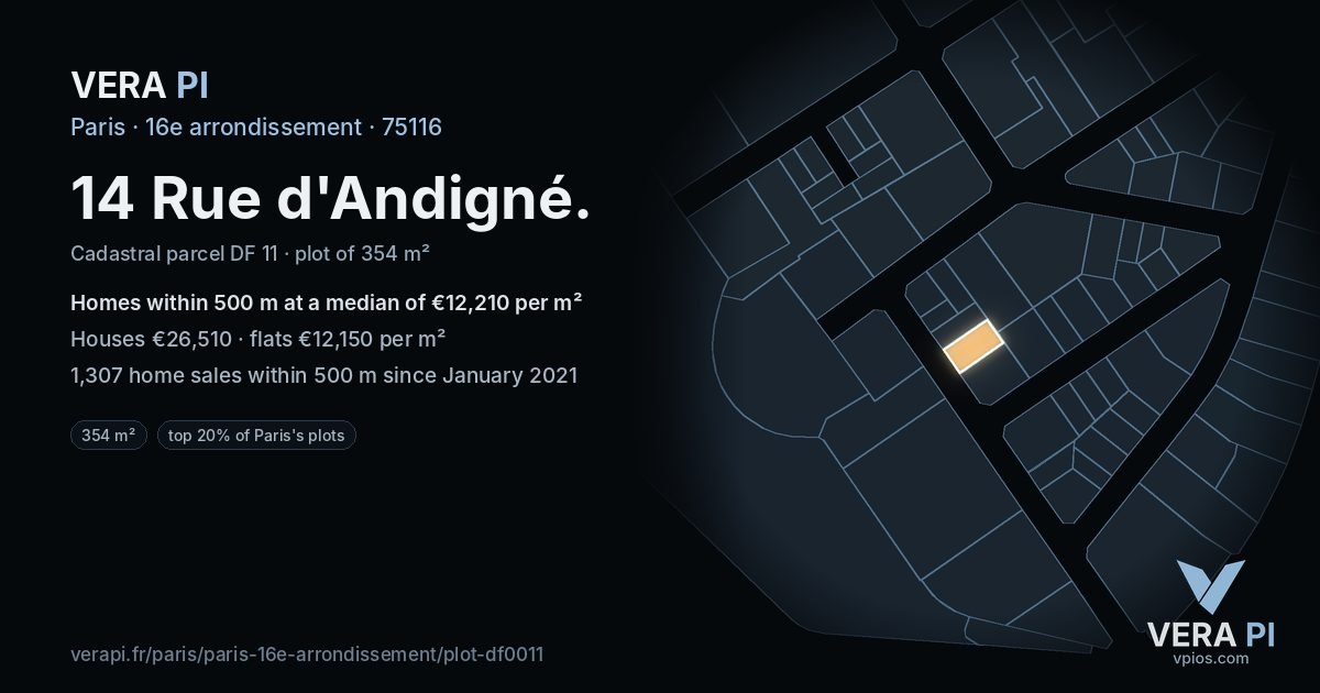 14 Rue d'Andigné, 16e arrondissement at night – the plot lit, the parcels around coloured by the prices near them