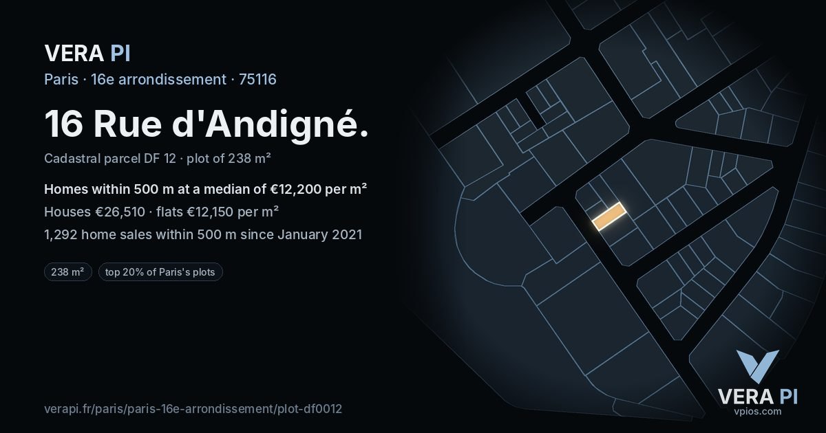 16 Rue d'Andigné, 16e arrondissement at night – the plot lit, the parcels around coloured by the prices near them