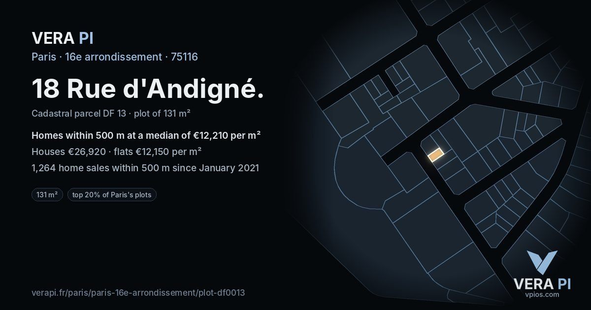 18 Rue d'Andigné, 16e arrondissement at night – the plot lit, the parcels around coloured by the prices near them