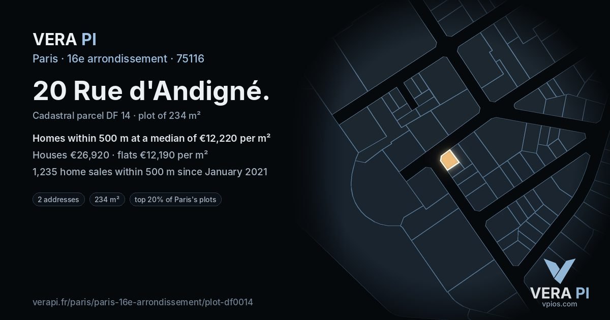 20 Rue d'Andigné, 16e arrondissement at night – the plot lit, the parcels around coloured by the prices near them