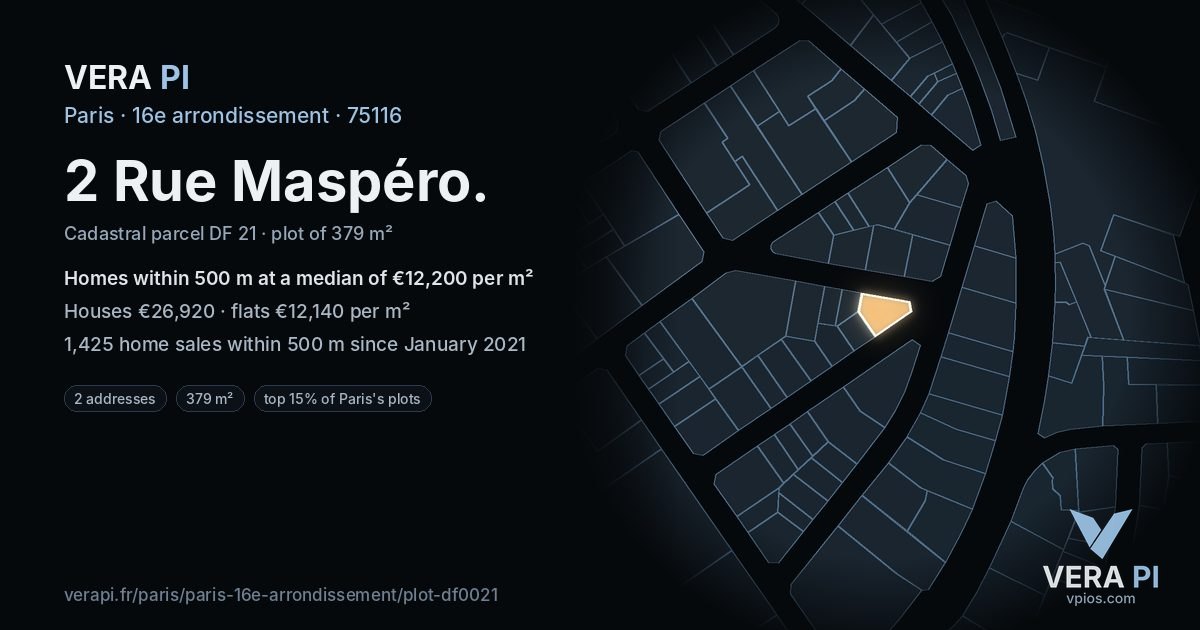 2 Rue Maspéro, 16e arrondissement at night – the plot lit, the parcels around coloured by the prices near them