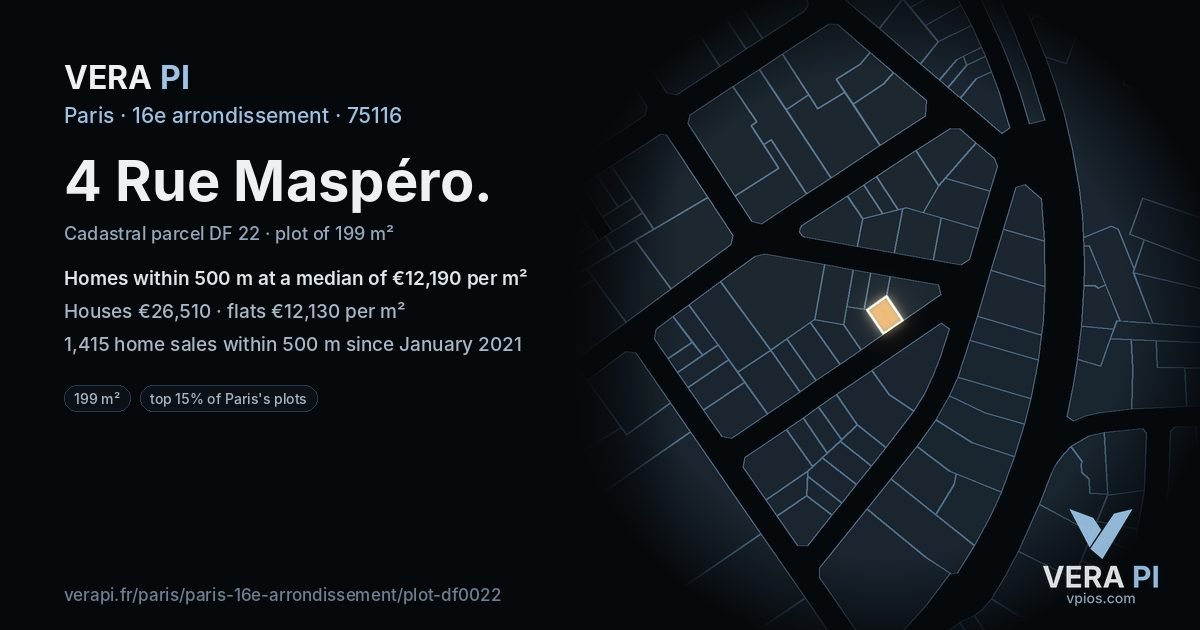4 Rue Maspéro, 16e arrondissement at night – the plot lit, the parcels around coloured by the prices near them