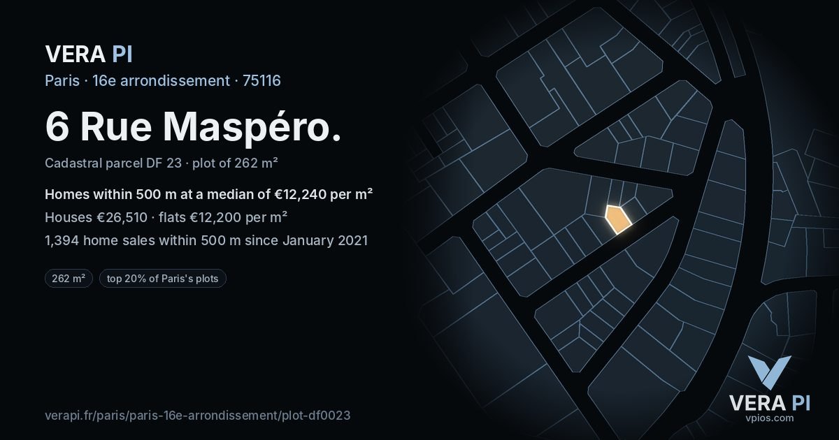 6 Rue Maspéro, 16e arrondissement at night – the plot lit, the parcels around coloured by the prices near them