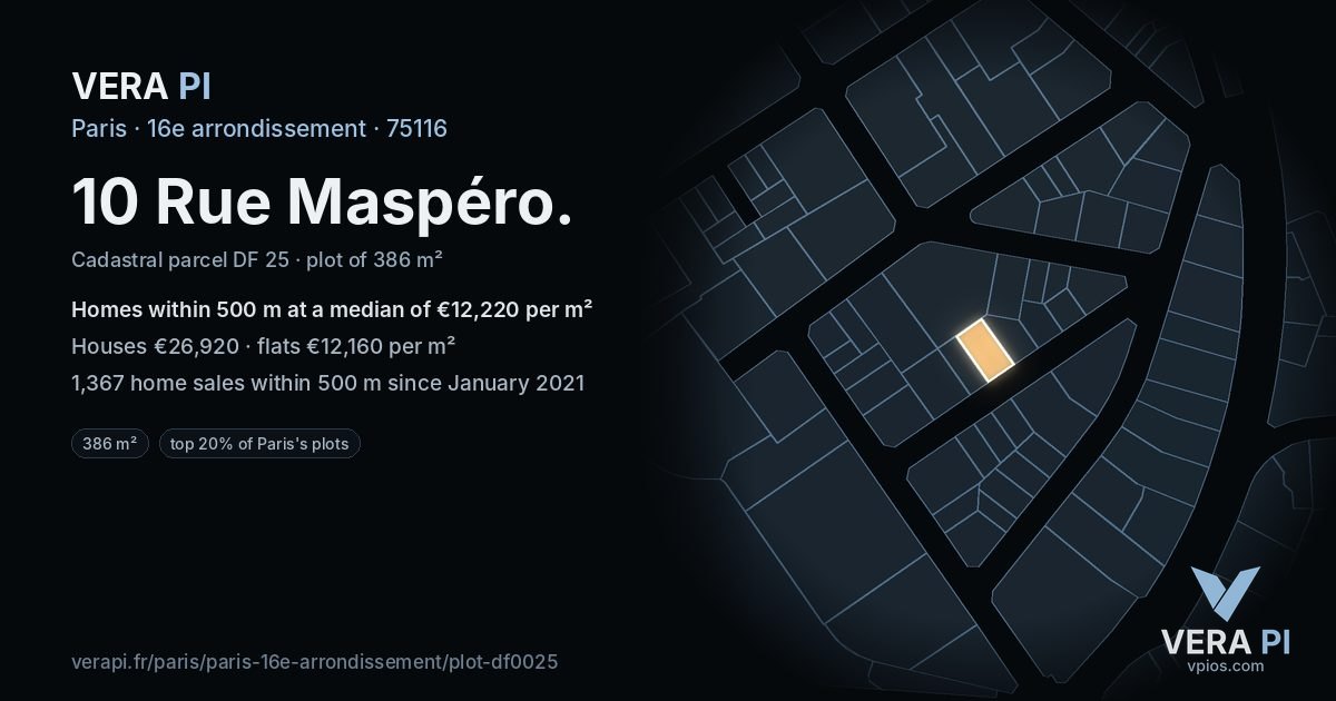 10 Rue Maspéro, 16e arrondissement at night – the plot lit, the parcels around coloured by the prices near them