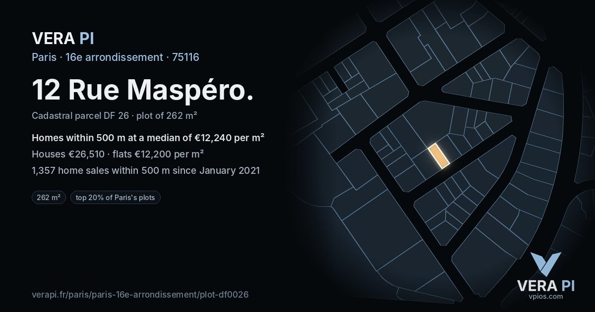 12 Rue Maspéro, 16e arrondissement at night – the plot lit, the parcels around coloured by the prices near them