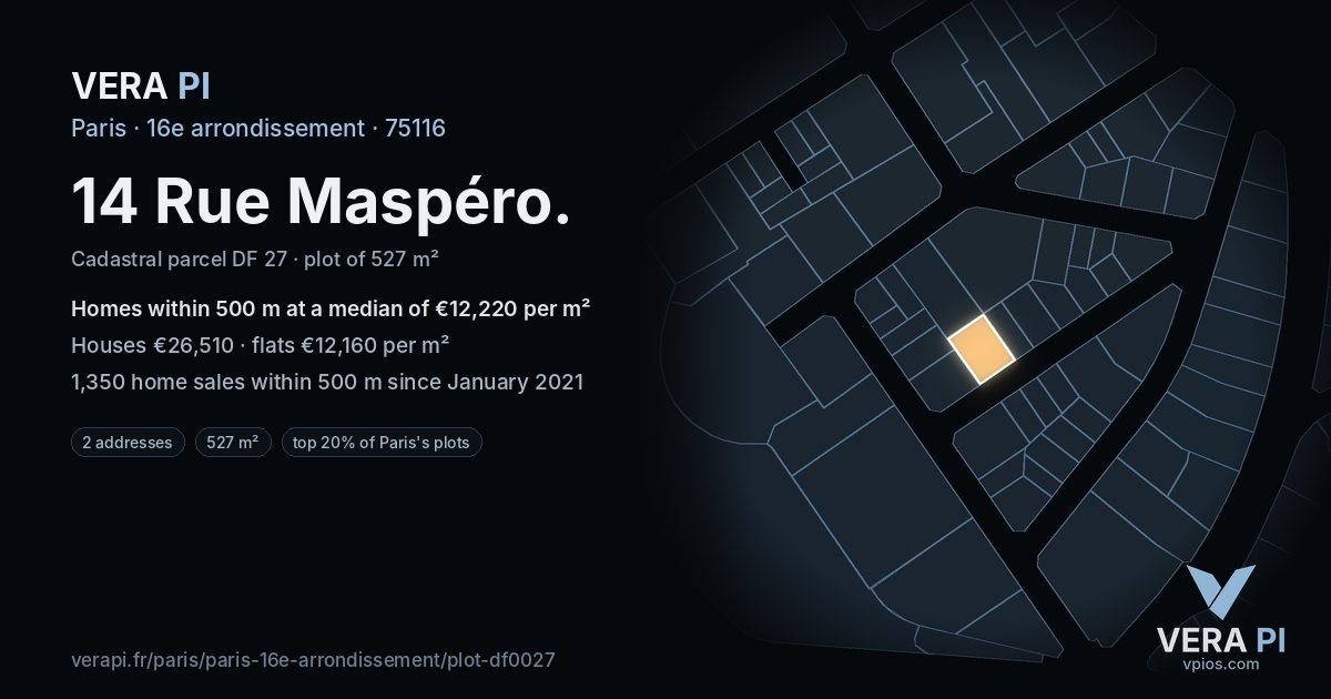 14 Rue Maspéro, 16e arrondissement at night – the plot lit, the parcels around coloured by the prices near them