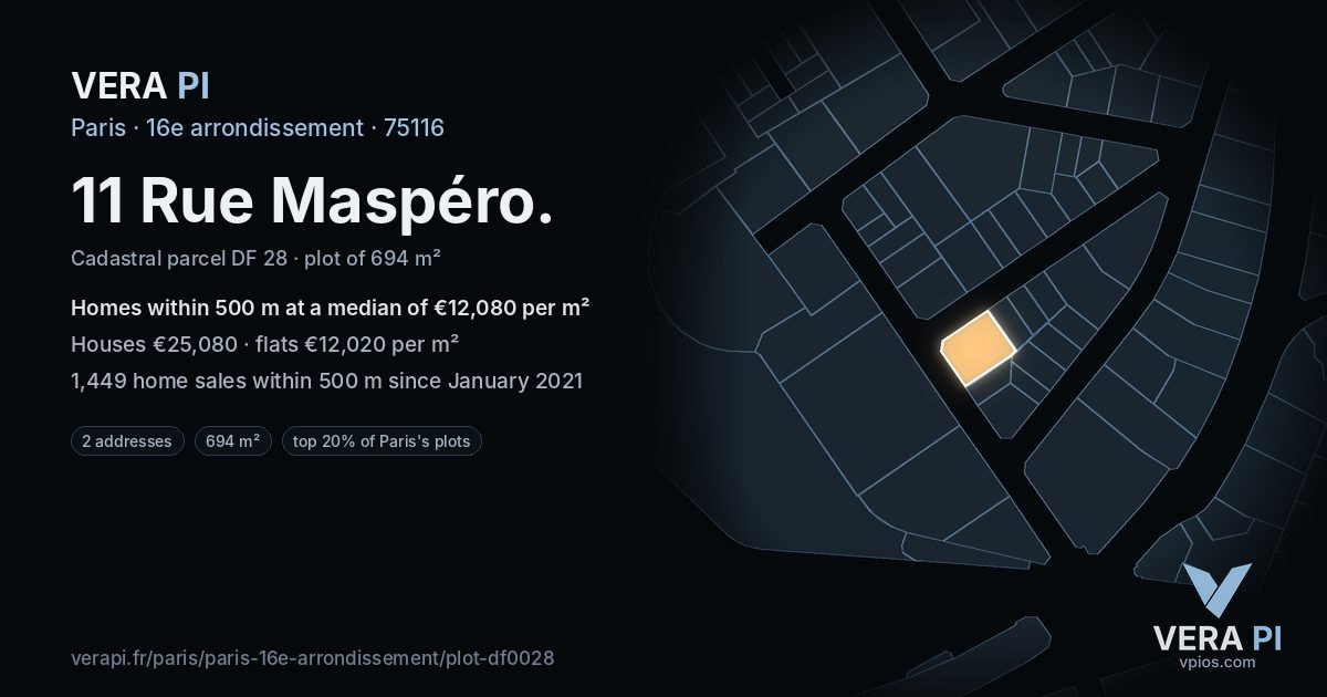 11 Rue Maspéro, 16e arrondissement at night – the plot lit, the parcels around coloured by the prices near them