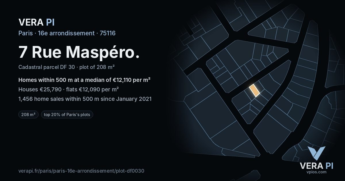 7 Rue Maspéro, 16e arrondissement at night – the plot lit, the parcels around coloured by the prices near them