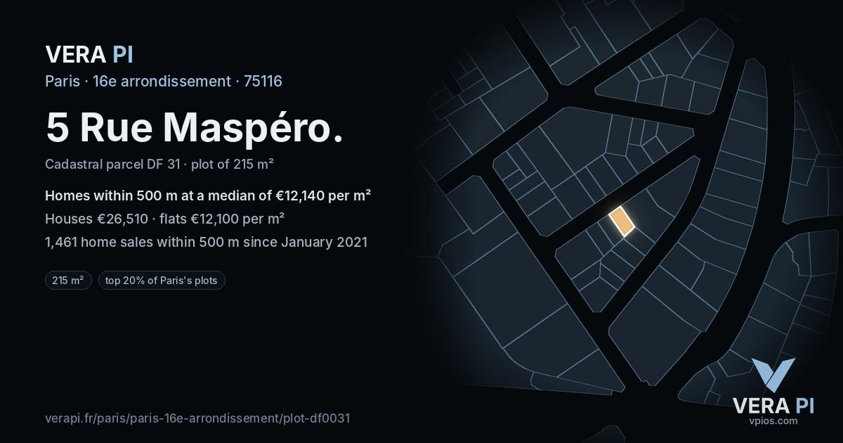 5 Rue Maspéro, 16e arrondissement at night – the plot lit, the parcels around coloured by the prices near them