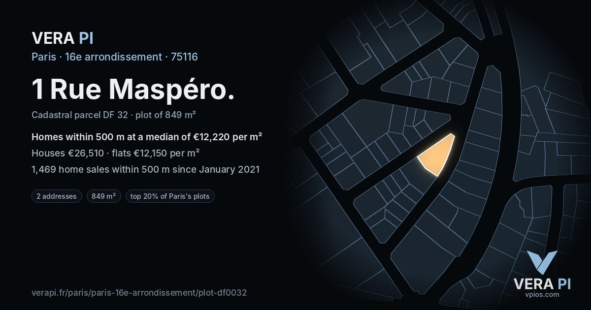 1 Rue Maspéro, 16e arrondissement at night – the plot lit, the parcels around coloured by the prices near them