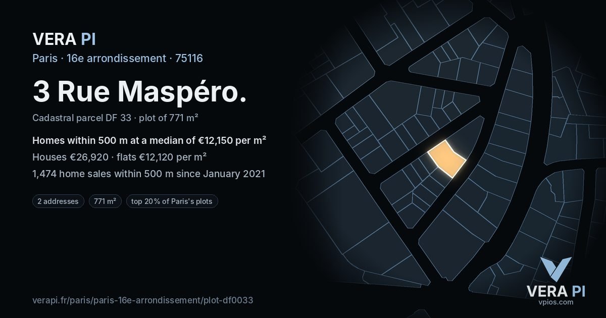3 Rue Maspéro, 16e arrondissement at night – the plot lit, the parcels around coloured by the prices near them