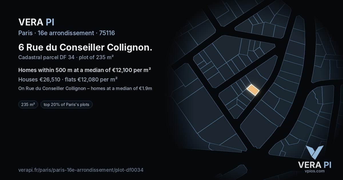 6 Rue du Conseiller Collignon, 16e arrondissement at night – the plot lit, the parcels around coloured by the prices near them