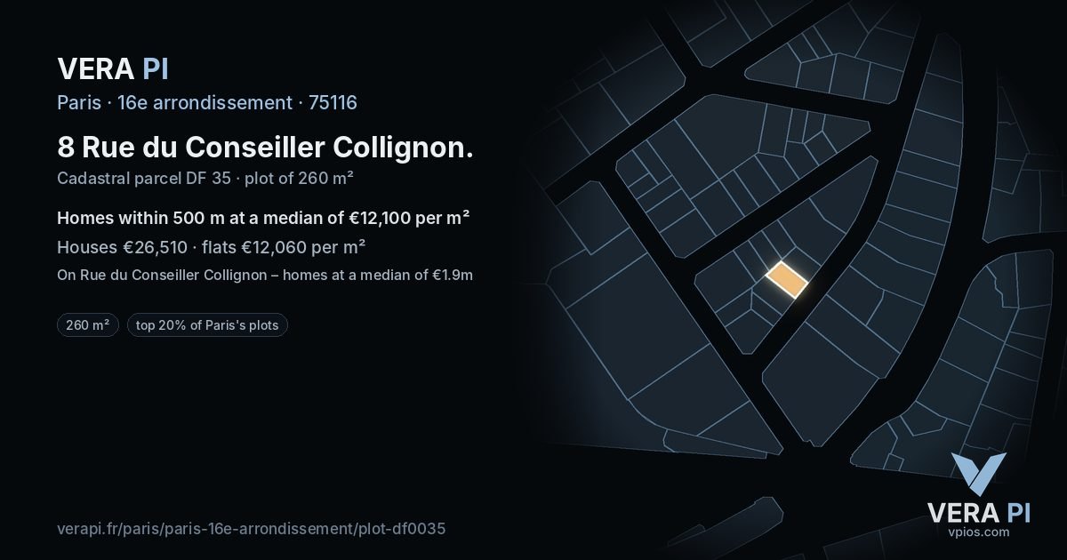 8 Rue du Conseiller Collignon, 16e arrondissement at night – the plot lit, the parcels around coloured by the prices near them